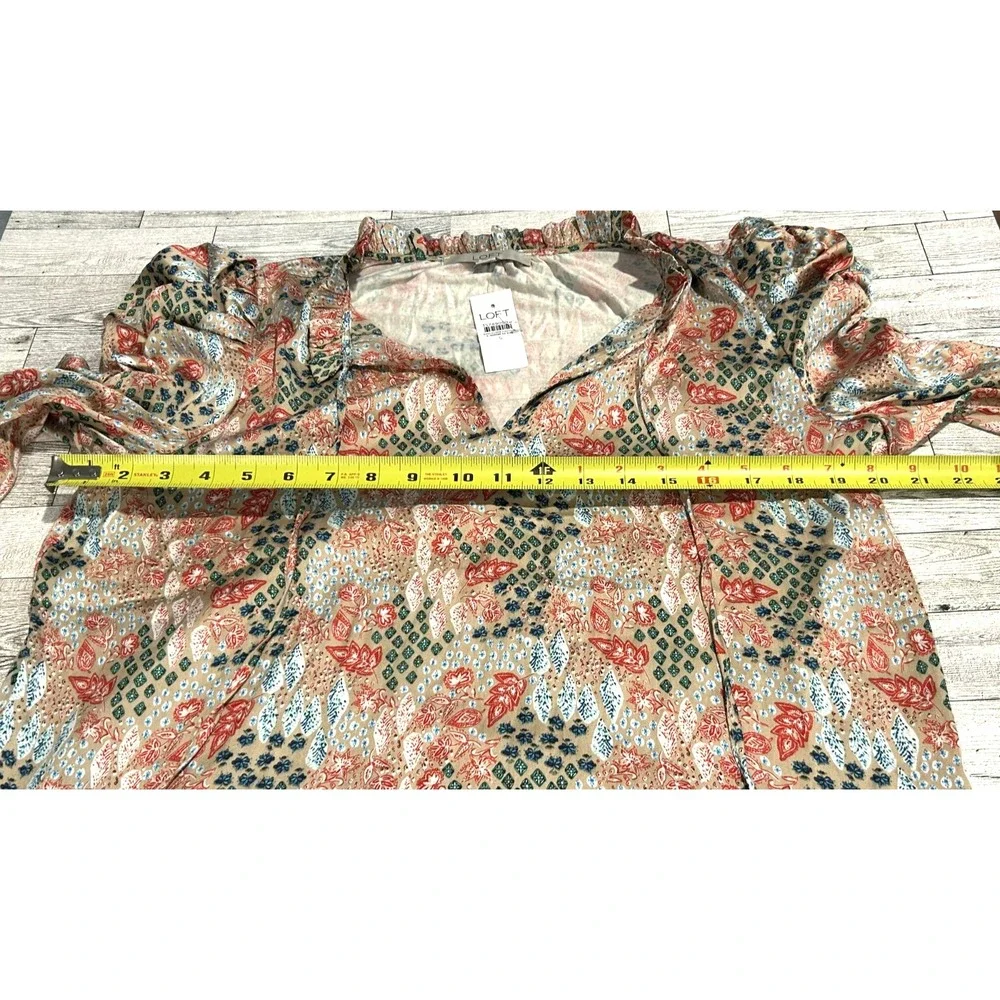 NWT LOFT Garden Cinched Sleeve Ruffle Tye Neck top blouse SMALL‎